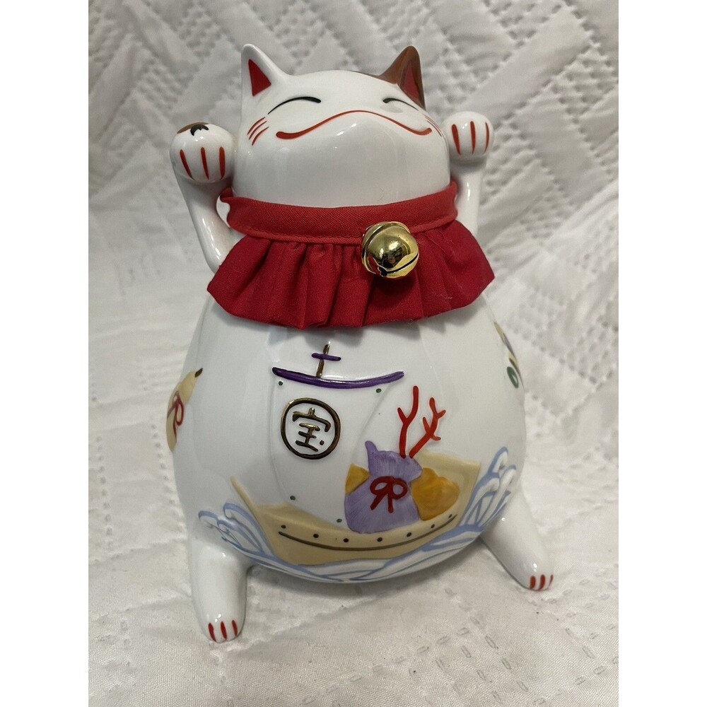 Nekosha Dorakudo Honpo Lucky Cat 6” Lucky Piggy Bank Lottery Good Luck w Bell